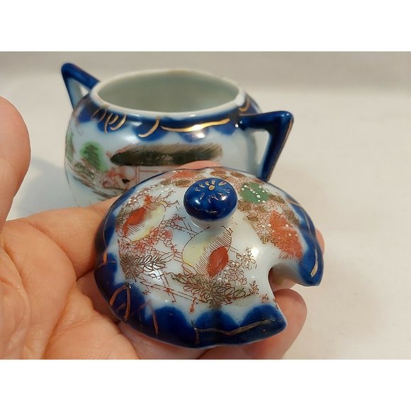 Antique Moriage Japan Porcelain Sugar Bowl w/lid Marked 3" tall Geisha scene - Picture 11 of 12